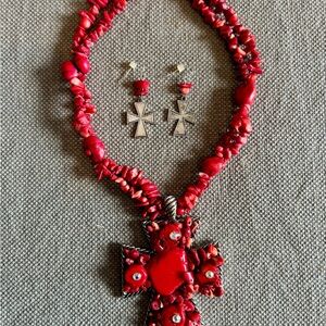Red Beaded Stone Cross Necklace and Earring Set